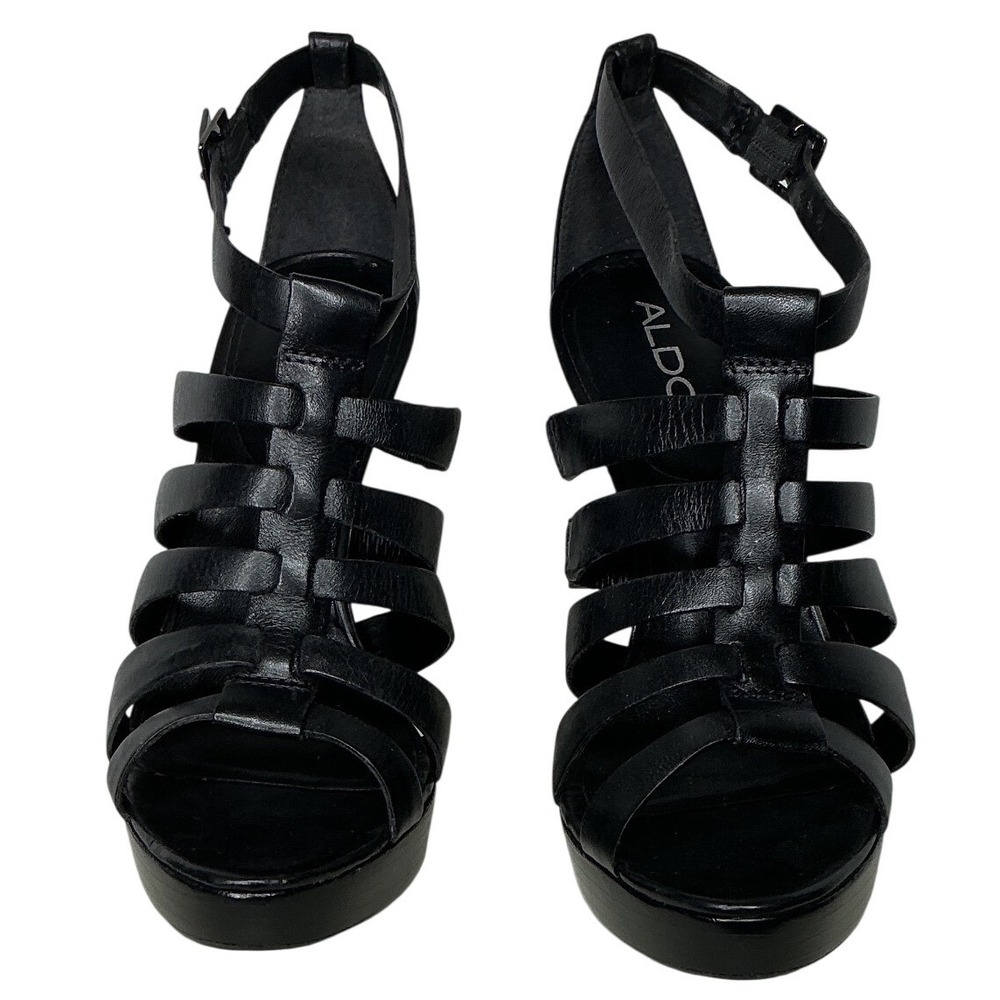 Aldo Platform Sandals Womens 37 Black Leather Gladiator Stiletto Cage High Heel